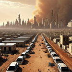 **

A stark contrast: a futuristic, gleaming "utopian city" for the wealthy, powered by solar panels and wind turbines, floating above a polluted, resource-scarce slum below. The slum is filled with crowded, makeshift structures and desperate people.  Emphasis on the visual divide, highlighting social inequality and the dystopian future.  Inspired by films like *Elysium*, with an Arabic cultural architectural elements subtly integrated into both cityscapes.  A sandstorm brewing on the horizon adds to the sense of impending doom for those below.

**
