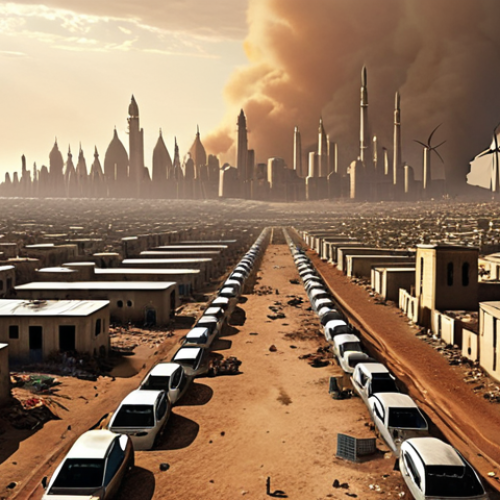 Home 4 **
A stark contrast: a futuristic, gleaming "utopian city" for the wealthy, powered by solar panels and wind turbines, floating above a polluted, resource-scarce slum below. The slum is filled with crowded, makeshift structures and desperate people. Emphasis on the visual divide, highlighting social inequality and the dystopian future. Inspired by films like *Elysium*, with an Arabic cultural architectural elements subtly integrated into both cityscapes. A sandstorm brewing on the horizon adds to the sense of impending doom for those below.
**