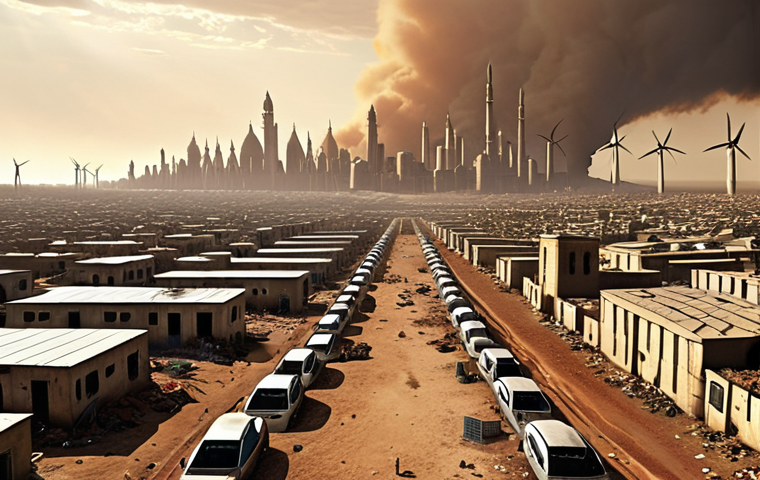 **
A stark contrast: a futuristic, gleaming "utopian city" for the wealthy, powered by solar panels and wind turbines, floating above a polluted, resource-scarce slum below. The slum is filled with crowded, makeshift structures and desperate people. Emphasis on the visual divide, highlighting social inequality and the dystopian future. Inspired by films like *Elysium*, with an Arabic cultural architectural elements subtly integrated into both cityscapes. A sandstorm brewing on the horizon adds to the sense of impending doom for those below.
**