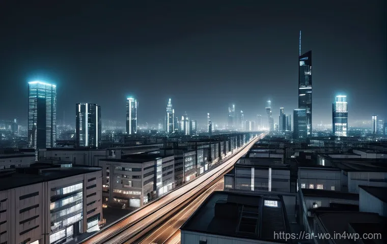 디스토피아적 정권의 특징과 사례 - **Dystopian Surveillance Cityscape:** "A wide-angle shot of a sprawling, futuristic city at nigh...
