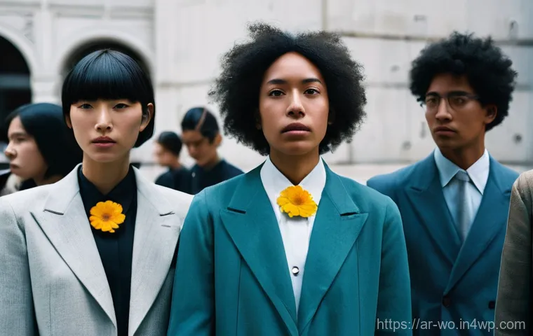 디스토피아적 정권의 특징과 사례 - **Propaganda Broadcast in a Dystopian Common Area:** "Inside a vast, imposing communal hall, typ...