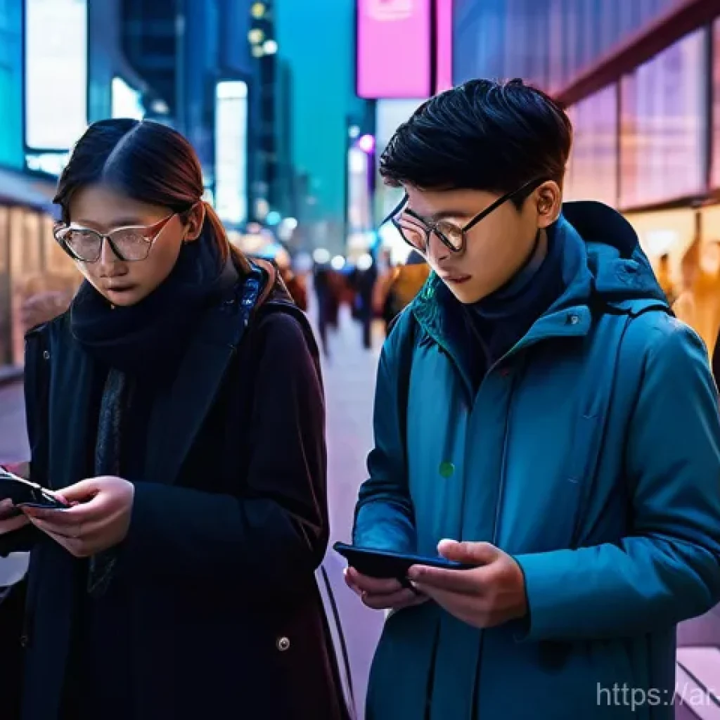 디스토피아 경고와 현실 세계의 연결점 - **Digital Echoes of Surveillance:** A visually rich scene set in a bustling, slightly futuristic cit...