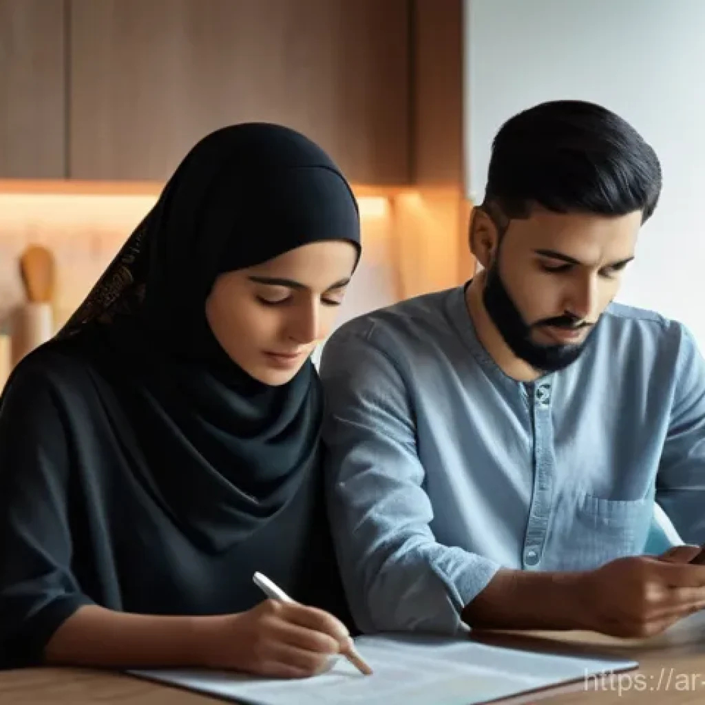 디스토피아적 사회의 인구 통제 문제 - **Prompt 1: The Subtle Influence of Data on Family Planning** "A young Arab couple, a man and a ...