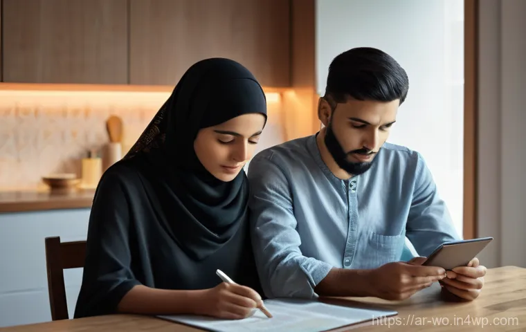 디스토피아적 사회의 인구 통제 문제 - **Prompt 1: The Subtle Influence of Data on Family Planning** "A young Arab couple, a man and a ...