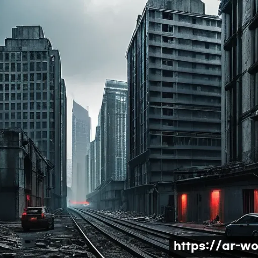 디스토피아적 영화 속의 상징 해석 - A dystopian cityscape dominated by towering skyscrapers symbolizing oppressive authority, under a gl...