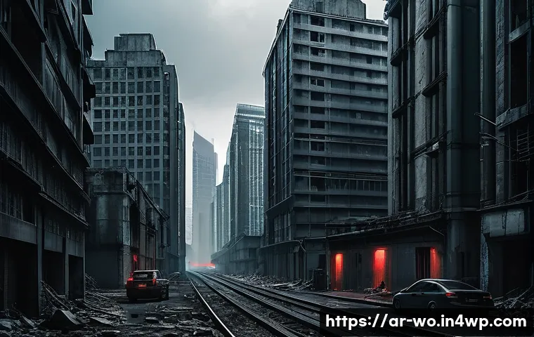 디스토피아적 영화 속의 상징 해석 - A dystopian cityscape dominated by towering skyscrapers symbolizing oppressive authority, under a gl...