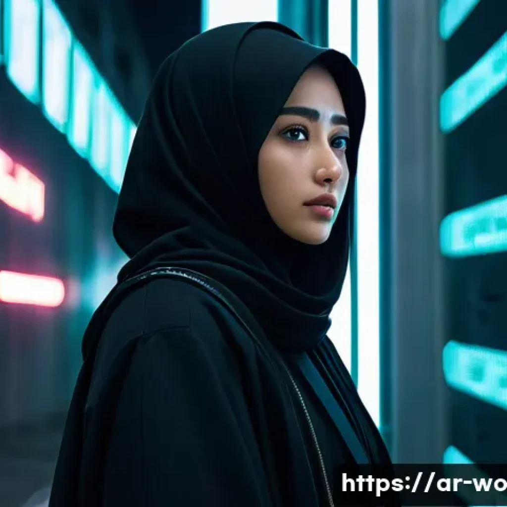 디스토피아적 문제를 다룬 국내 작품 소개 - A dystopian Korean cityscape under oppressive surveillance, featuring a young Arab woman dressed in ...