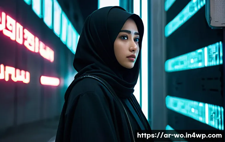 디스토피아적 문제를 다룬 국내 작품 소개 - A dystopian Korean cityscape under oppressive surveillance, featuring a young Arab woman dressed in ...