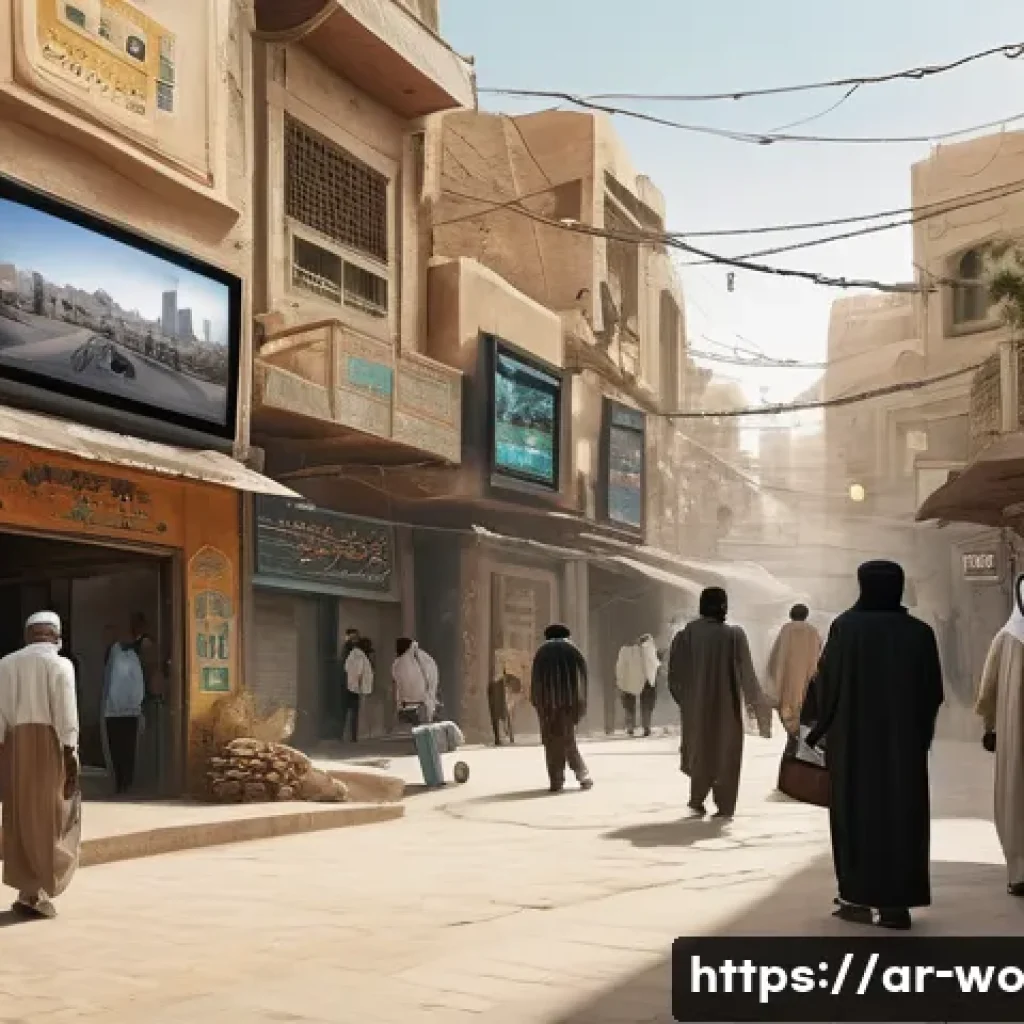 디스토피아적 사회에서의 인간관계 - A detailed scene depicting a Middle Eastern urban environment under pervasive surveillance, featurin...