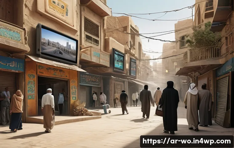 디스토피아적 사회에서의 인간관계 - A detailed scene depicting a Middle Eastern urban environment under pervasive surveillance, featurin...