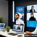 Home 21 디스토피아적 사회에서의 직업 변화 - A modern Arab office environment showing a diverse team of young professionals collaborating remotel...