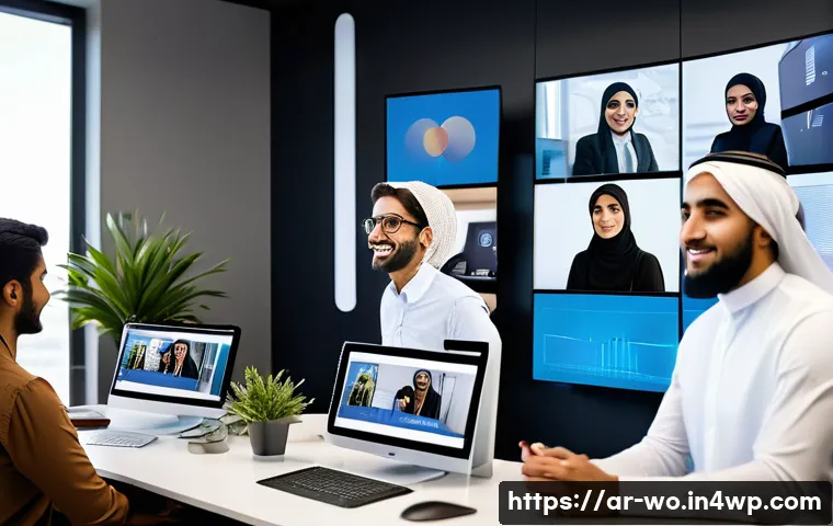 디스토피아적 사회에서의 직업 변화 - A modern Arab office environment showing a diverse team of young professionals collaborating remotel...