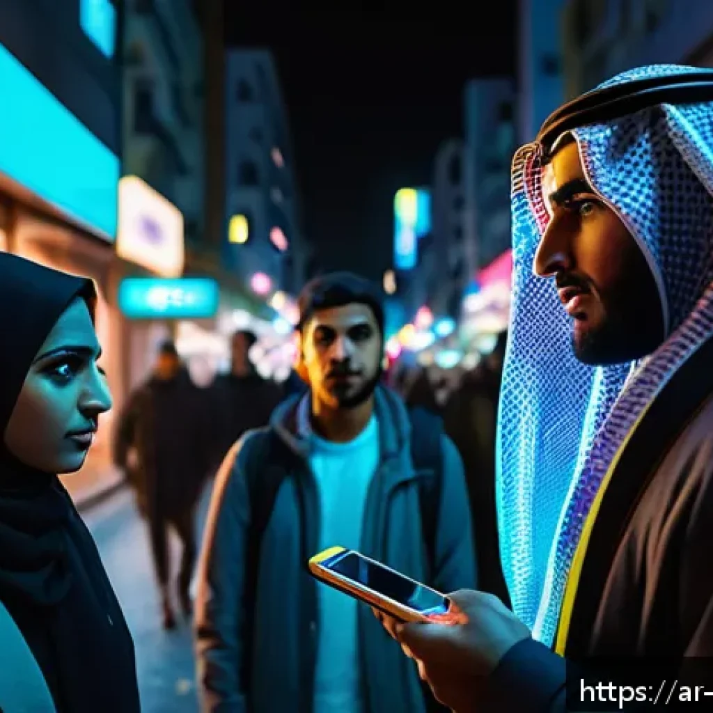 현대 사회의 디스토피아 경고 사례 분석 - A detailed digital dystopia scene set in a Middle Eastern urban environment at night, featuring adva...