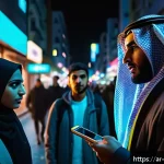 Home 18 현대 사회의 디스토피아 경고 사례 분석 - A detailed digital dystopia scene set in a Middle Eastern urban environment at night, featuring adva...