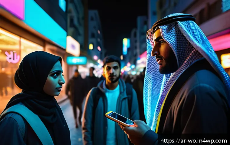 현대 사회의 디스토피아 경고 사례 분석 - A detailed digital dystopia scene set in a Middle Eastern urban environment at night, featuring adva...