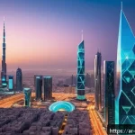 Home 23 디스토피아 경고와 국제 정치의 관계 - A futuristic Middle Eastern cityscape at dusk, featuring advanced cyber defense centers with glowing...