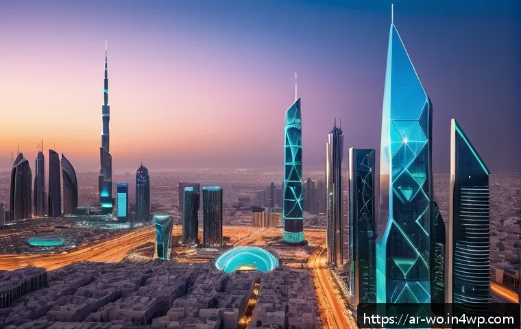 디스토피아 경고와 국제 정치의 관계 - A futuristic Middle Eastern cityscape at dusk, featuring advanced cyber defense centers with glowing...