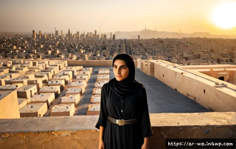 Home 17 디스토피아적 사회에서의 개인의 자유 - Photorealistic cinematic scene of an Arab woman in modest contemporary clothing standing alone on a ...