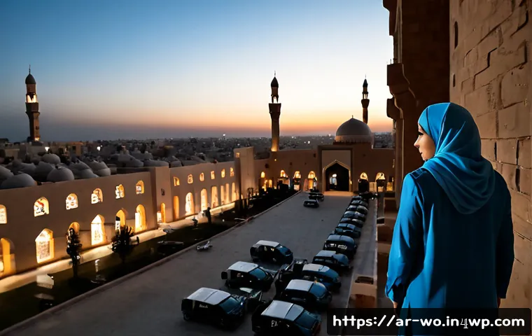 디스토피아 경고와 윤리적 문제 - Photorealistic cinematic scene of a modern Middle Eastern city at dusk, a woman in modest contempora...