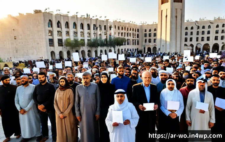 디스토피아 경고와 사회 운동의 상관관계 - Photorealistic editorial scene in a modern Arab city square at golden hour, a diverse group of peace...