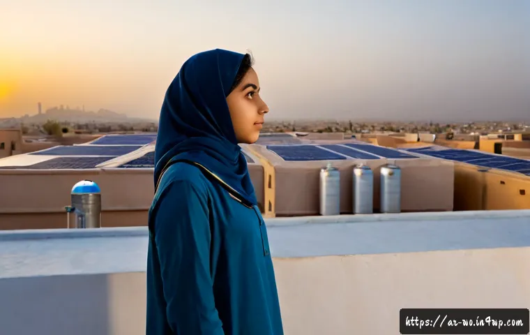 디스토피아적 미래에 대한 청소년의 인식 - Photorealistic Arab teenage girl in modest everyday clothing standing on a quiet rooftop in a modern...